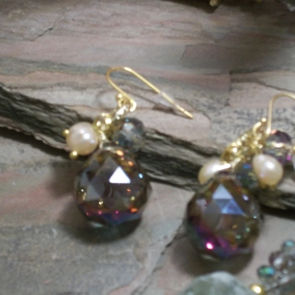 Czech Crystal Fresh Water Pearls , Gold Filled Earrings